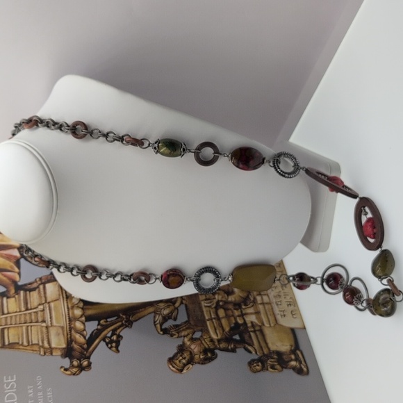 Chico's Red and Brown Beaded Necklace with Geometric Accents - Picture 1 of 7